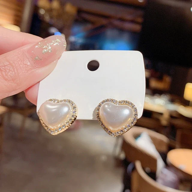 2025 New Korean Style Contracted Heart Pearl Earrings Zircon Geometric Stud Earring - Image 14